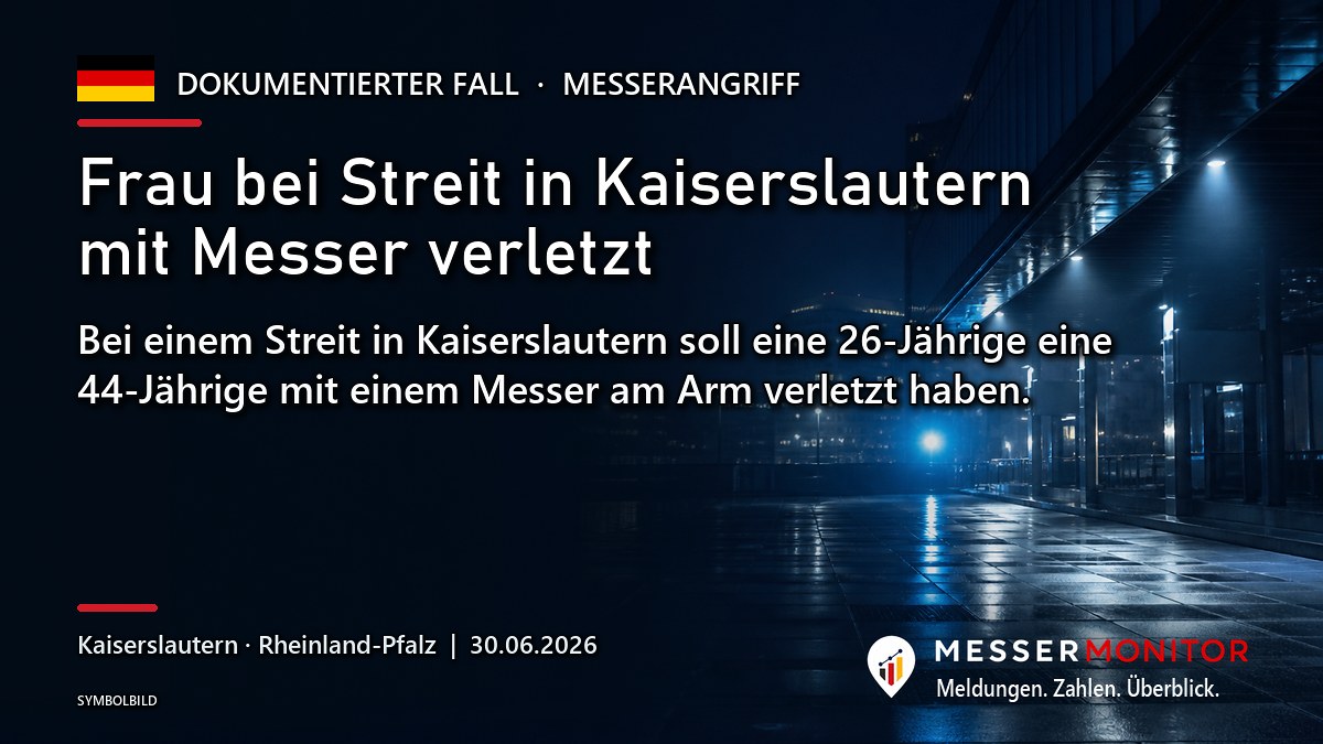 Titelgrafik: Frau bei Streit in Kaiserslautern mit Messer verletzt. Bei einem Streit in Kaiserslautern soll eine 26-Jährige eine 44-Jährige mit einem Messer am Arm verletzt haben..