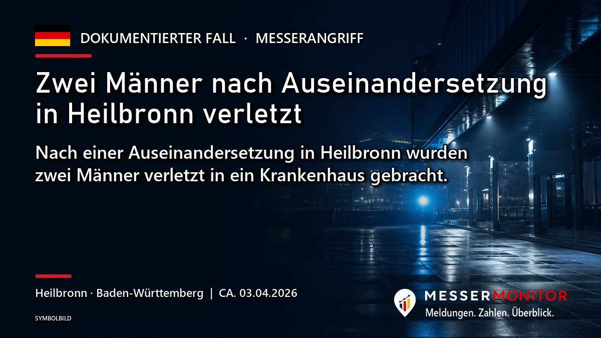 Titelgrafik: Zwei Männer nach Auseinandersetzung in Heilbronn verletzt. Nach einer Auseinandersetzung in Heilbronn wurden zwei Männer verletzt in ein Krankenhaus gebracht..