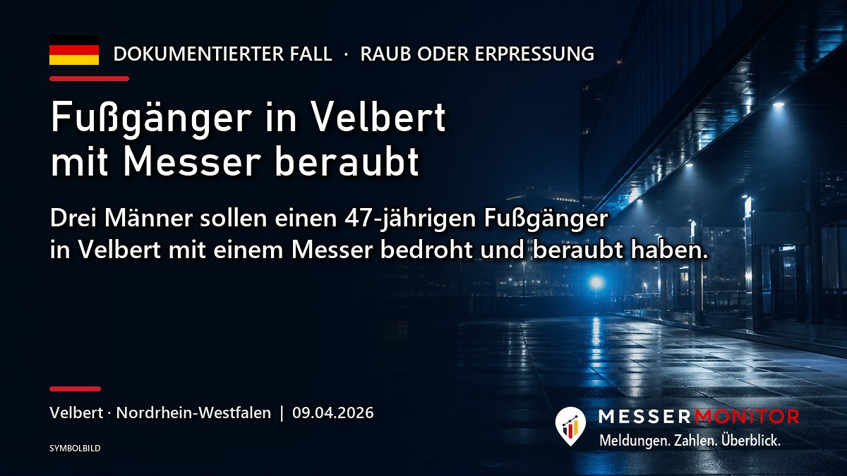 Titelgrafik: Fußgänger in Velbert mit Messer beraubt. Drei Männer sollen einen 47-jährigen Fußgänger in Velbert mit einem Messer bedroht und beraubt haben..
