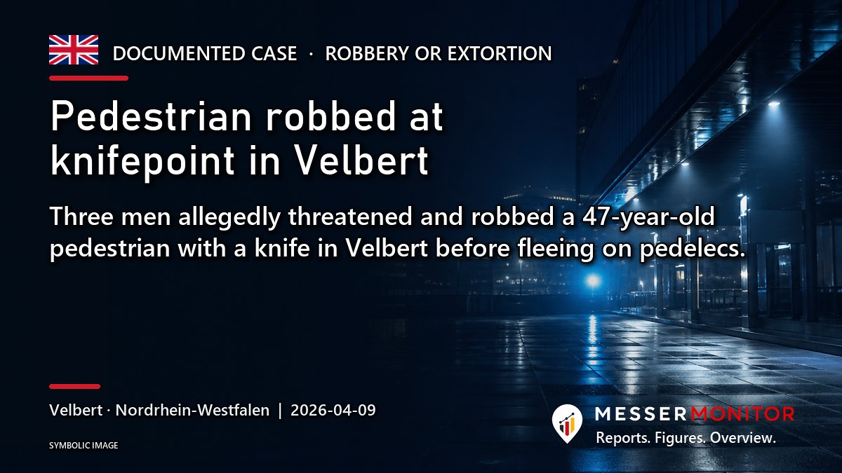 Title image: Pedestrian robbed at knifepoint in Velbert. Three men allegedly threatened and robbed a 47-year-old pedestrian with a knife in Velbert before fleeing on pedelecs..