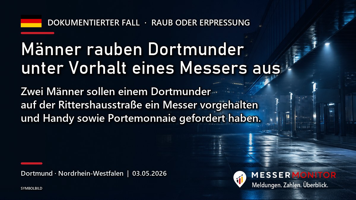 Titelgrafik: Männer rauben Dortmunder unter Vorhalt eines Messers aus. Zwei Männer sollen einem Dortmunder auf der Rittershausstraße ein Messer vorgehalten und Handy sowie Portemonnaie gefordert haben..