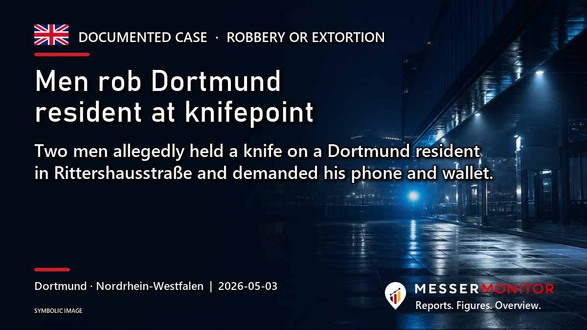 Title image: Men rob Dortmund resident at knifepoint. Two men allegedly held a knife on a Dortmund resident in Rittershausstraße and demanded his phone and wallet..