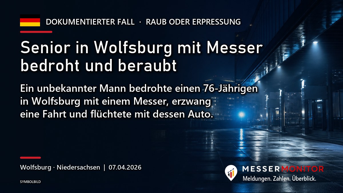 Titelgrafik: Senior in Wolfsburg mit Messer bedroht und beraubt. Ein unbekannter Mann bedrohte einen 76-Jährigen in Wolfsburg mit einem Messer, erzwang eine Fahrt und flüchtete mit dessen Auto..