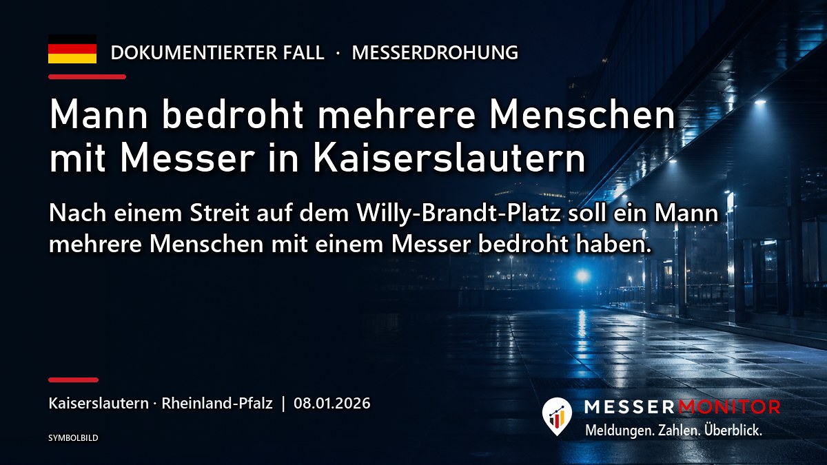 Titelgrafik: Mann bedroht mehrere Menschen mit Messer in Kaiserslautern. Nach einem Streit auf dem Willy-Brandt-Platz soll ein Mann mehrere Menschen mit einem Messer bedroht haben..