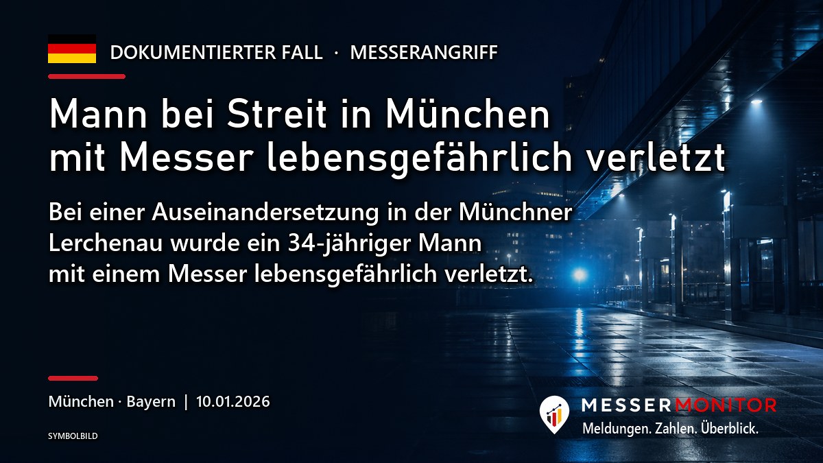 Titelgrafik: Mann bei Streit in München mit Messer lebensgefährlich verletzt. Bei einer Auseinandersetzung in der Münchner Lerchenau wurde ein 34-jähriger Mann mit einem Messer lebensgefährlich verletzt..