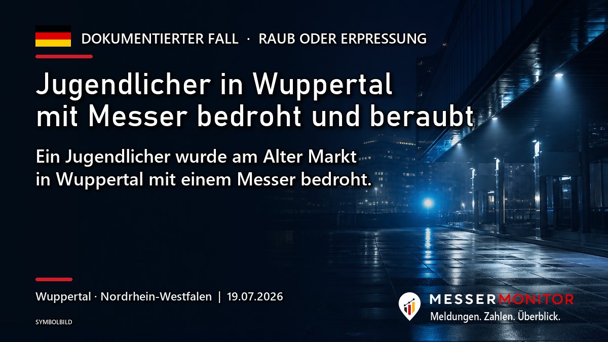 Titelgrafik: Jugendlicher in Wuppertal mit Messer bedroht und beraubt. Ein Jugendlicher wurde am Alter Markt in Wuppertal mit einem Messer bedroht..
