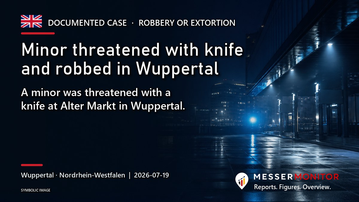 Title image: Minor threatened with knife and robbed in Wuppertal. A minor was threatened with a knife at Alter Markt in Wuppertal..
