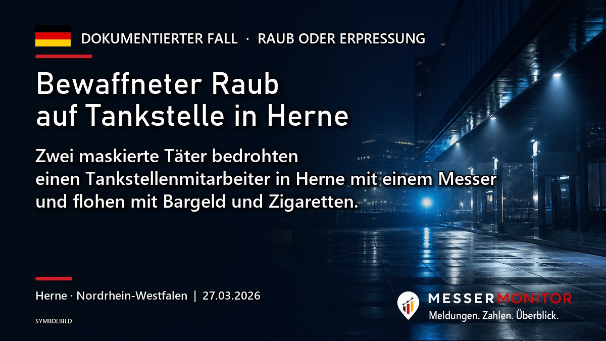 Titelgrafik: Bewaffneter Raub auf Tankstelle in Herne. Zwei maskierte Täter bedrohten einen Tankstellenmitarbeiter in Herne mit einem Messer und flohen mit Bargeld und Zigaretten..
