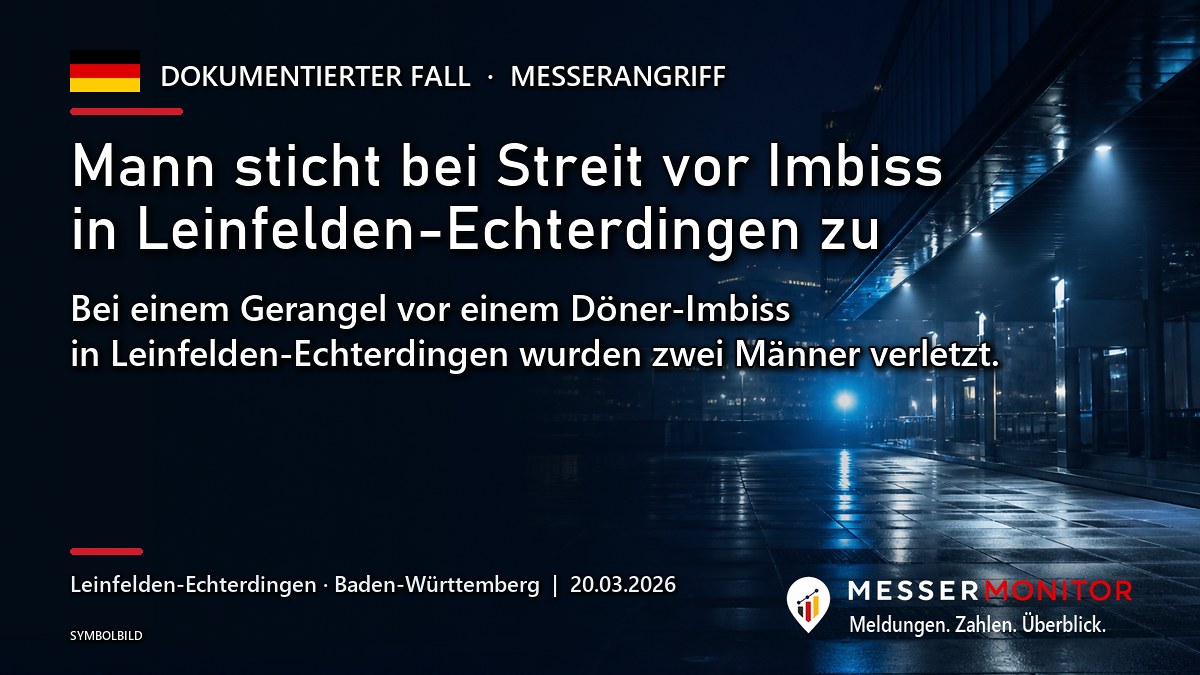 Titelgrafik: Mann sticht bei Streit vor Imbiss in Leinfelden-Echterdingen zu. Bei einem Gerangel vor einem Döner-Imbiss in Leinfelden-Echterdingen wurden zwei Männer verletzt..