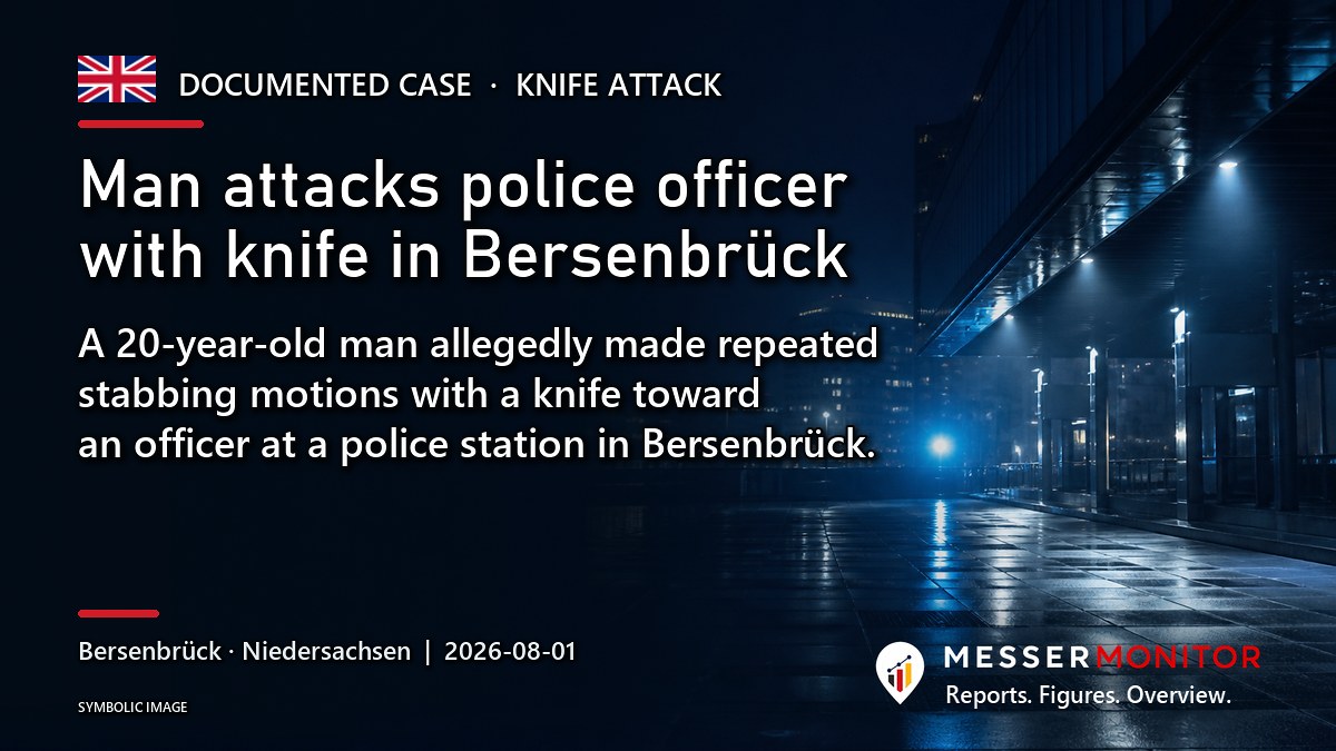 Title image: Man attacks police officer with knife in Bersenbrück. A 20-year-old man allegedly made repeated stabbing motions with a knife toward an officer at a police station in Bersenbrück..