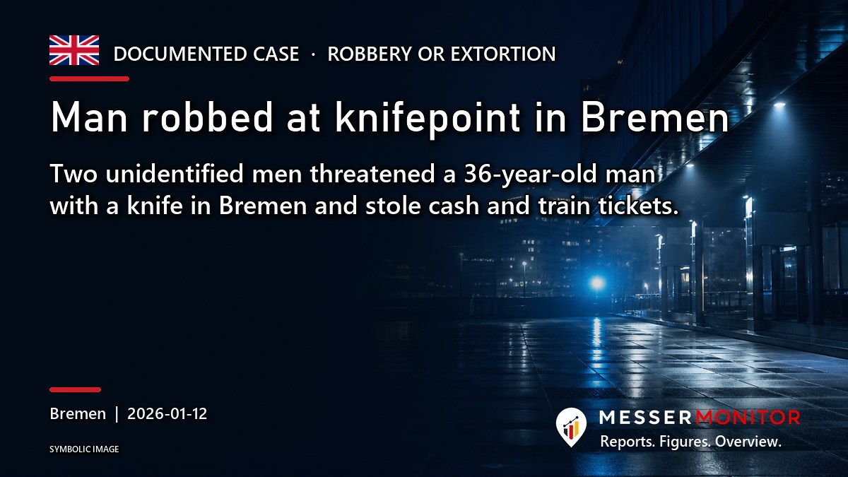 Title image: Man robbed at knifepoint in Bremen. Two unidentified men threatened a 36-year-old man with a knife in Bremen and stole cash and train tickets..