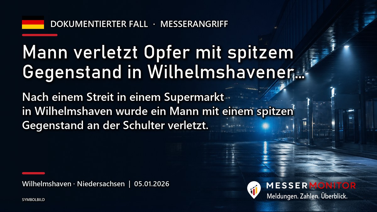 Titelgrafik: Mann verletzt Opfer mit spitzem Gegenstand in Wilhelmshavener…. Nach einem Streit in einem Supermarkt in Wilhelmshaven wurde ein Mann mit einem spitzen Gegenstand an der Schulter verletzt..