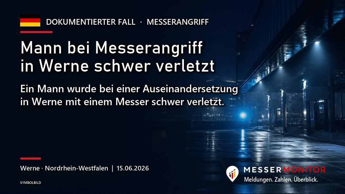 Titelgrafik: Mann bei Messerangriff in Werne schwer verletzt. Ein Mann wurde bei einer Auseinandersetzung in Werne mit einem Messer schwer verletzt..