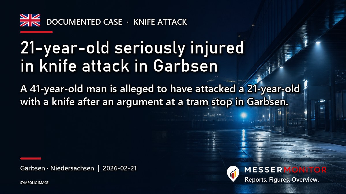 Title image: 21-year-old seriously injured in knife attack in Garbsen. A 41-year-old man is alleged to have attacked a 21-year-old with a knife after an argument at a tram stop in Garbsen..