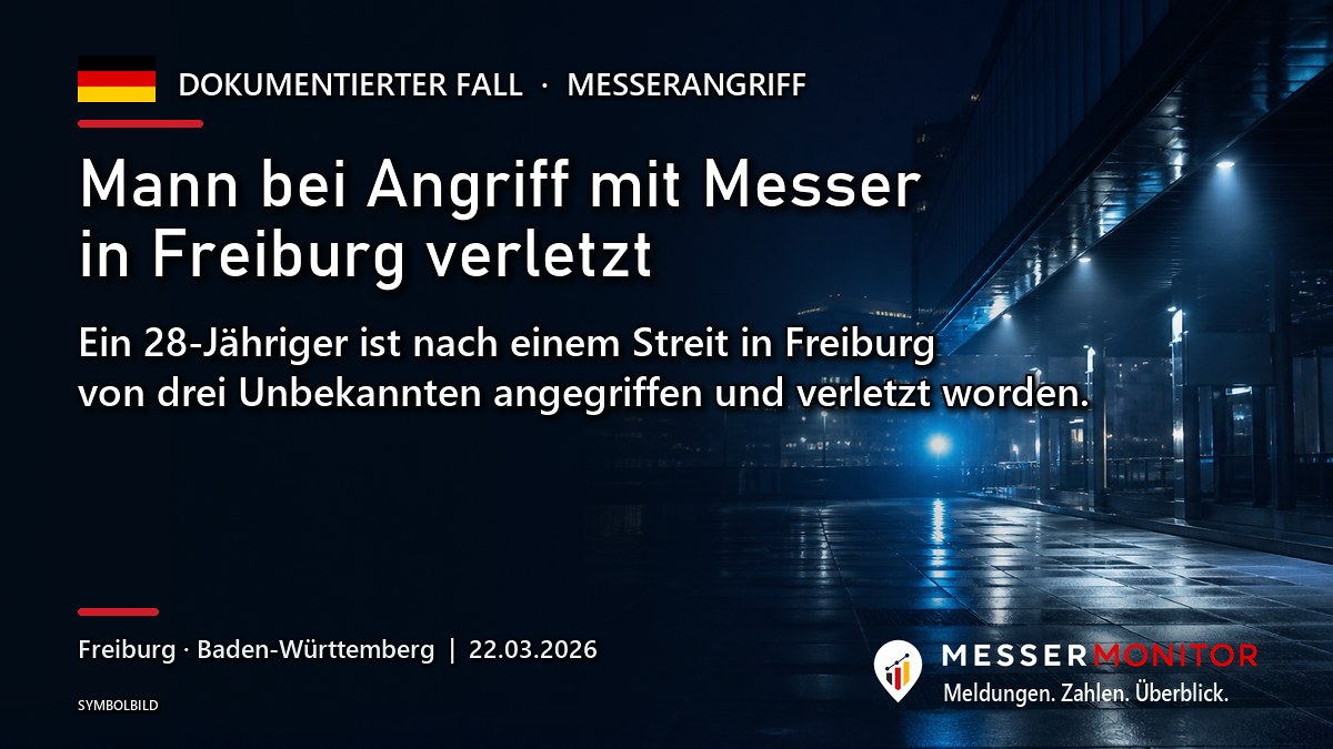 Titelgrafik: Mann bei Angriff mit Messer in Freiburg verletzt. Ein 28-Jähriger ist nach einem Streit in Freiburg von drei Unbekannten angegriffen und verletzt worden..