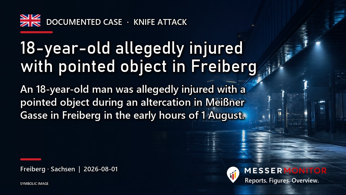 Title image: 18-year-old allegedly injured with pointed object in Freiberg. An 18-year-old man was allegedly injured with a pointed object during an altercation in Meißner Gasse in Freiberg in the early hours of 1 August..