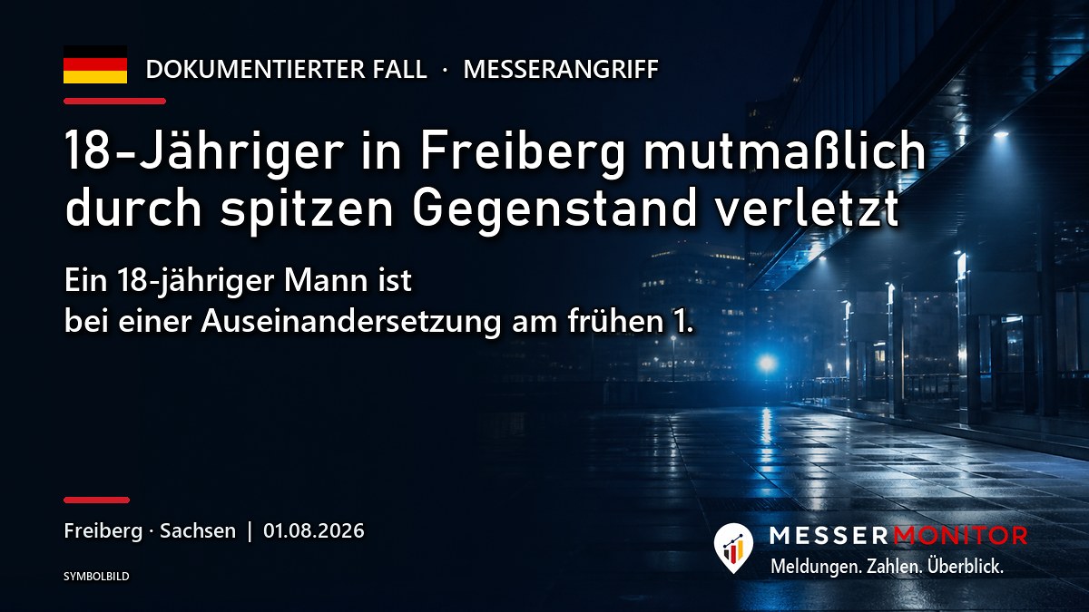 Titelgrafik: 18-Jähriger in Freiberg mutmaßlich durch spitzen Gegenstand verletzt. Ein 18-jähriger Mann ist bei einer Auseinandersetzung am frühen 1..