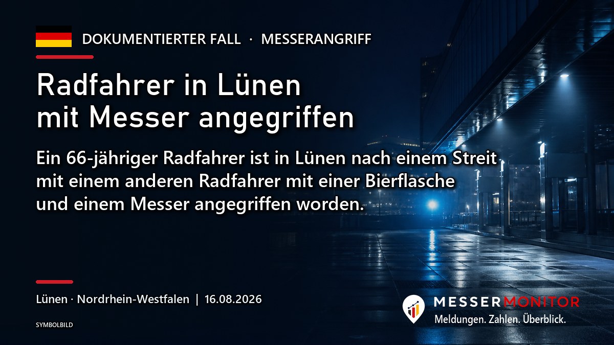 Titelgrafik: Radfahrer in Lünen mit Messer angegriffen. Ein 66-jähriger Radfahrer ist in Lünen nach einem Streit mit einem anderen Radfahrer mit einer Bierflasche und einem Messer angegriffen worden..