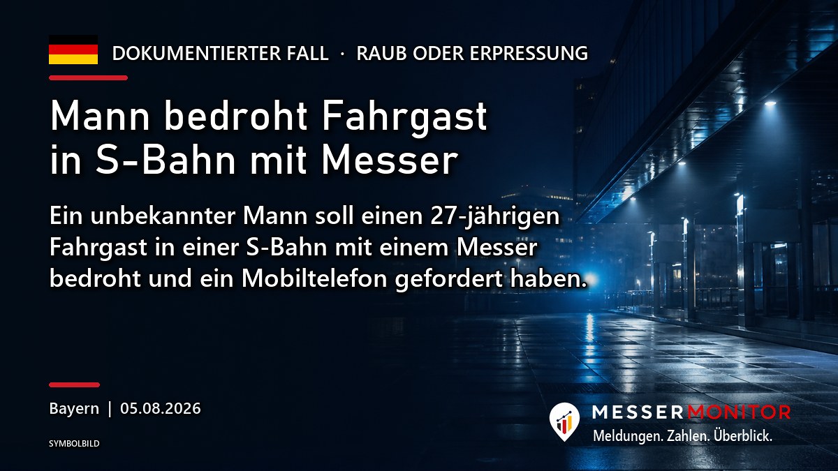 Titelgrafik: Mann bedroht Fahrgast in S-Bahn mit Messer. Ein unbekannter Mann soll einen 27-jährigen Fahrgast in einer S-Bahn mit einem Messer bedroht und ein Mobiltelefon gefordert haben..