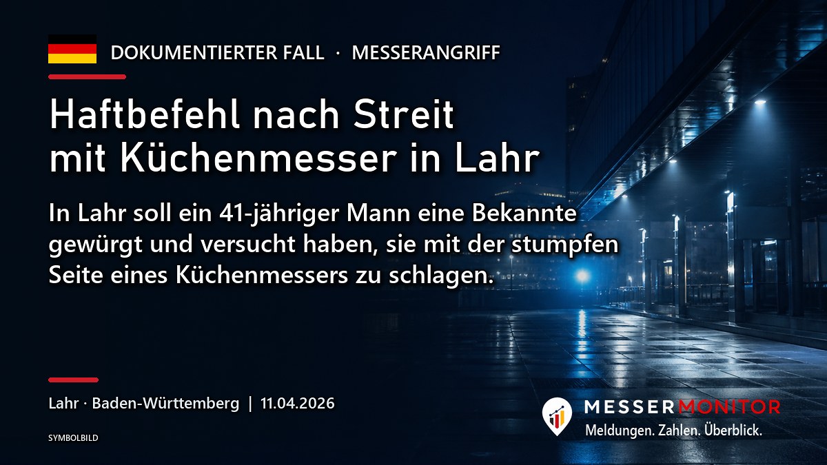 Titelgrafik: Haftbefehl nach Streit mit Küchenmesser in Lahr. In Lahr soll ein 41-jähriger Mann eine Bekannte gewürgt und versucht haben, sie mit der stumpfen Seite eines Küchenmessers zu schlagen..