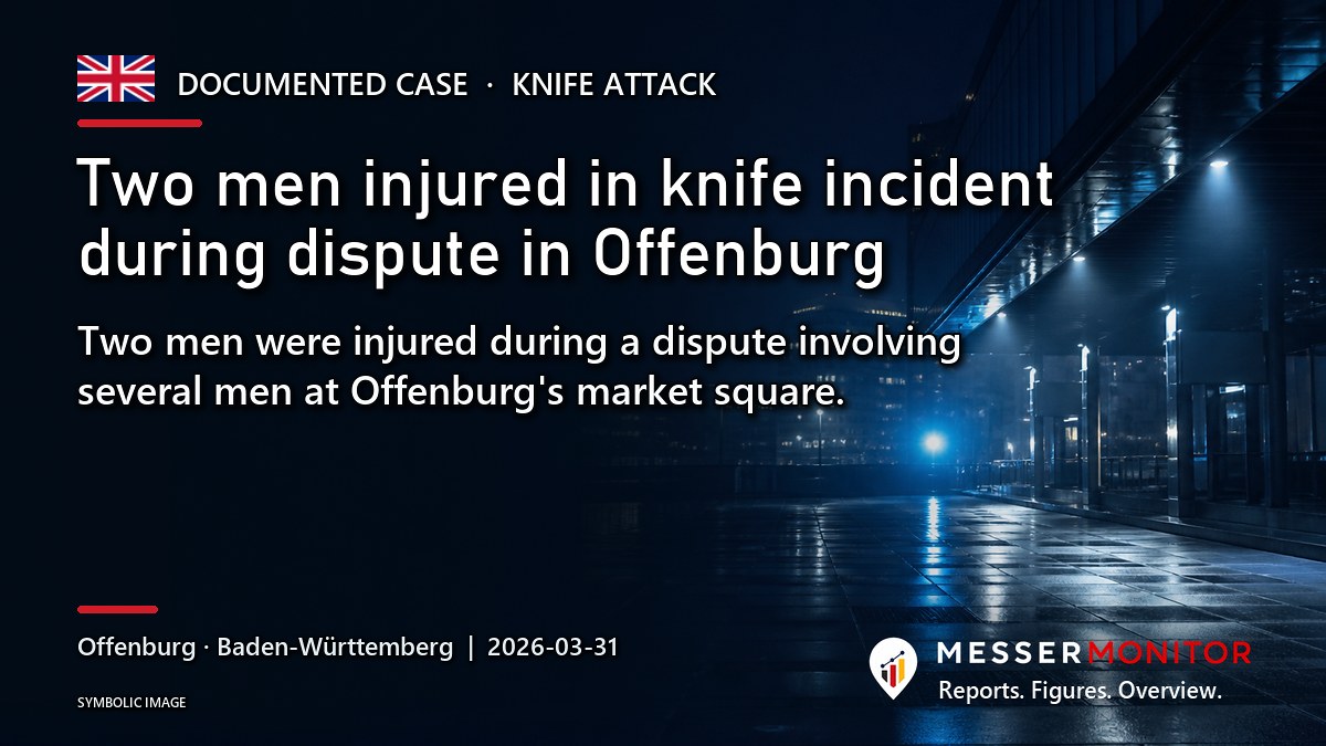 Title image: Two men injured in knife incident during dispute in Offenburg. Two men were injured during a dispute involving several men at Offenburg's market square..