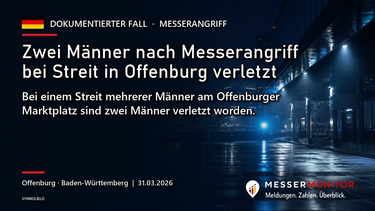 Titelgrafik: Zwei Männer nach Messerangriff bei Streit in Offenburg verletzt. Bei einem Streit mehrerer Männer am Offenburger Marktplatz sind zwei Männer verletzt worden..