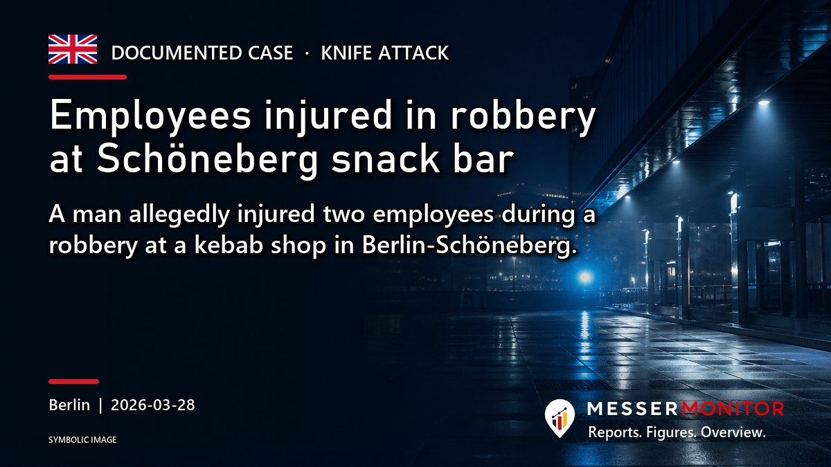 Title image: Employees injured in robbery at Schöneberg snack bar. A man allegedly injured two employees during a robbery at a kebab shop in Berlin-Schöneberg..
