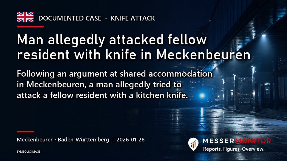 Title image: Man allegedly attacked fellow resident with knife in Meckenbeuren. Following an argument at shared accommodation in Meckenbeuren, a man allegedly tried to attack a fellow resident with a kitchen knife..