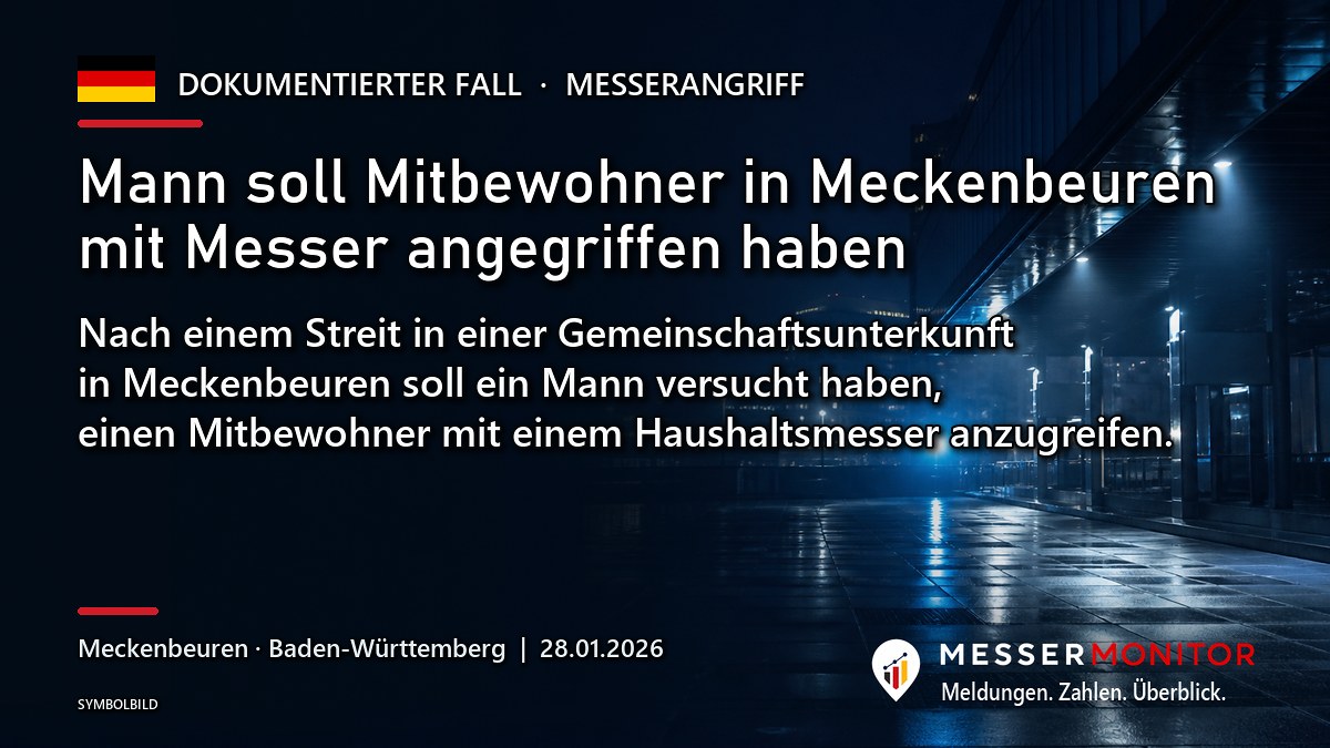Titelgrafik: Mann soll Mitbewohner in Meckenbeuren mit Messer angegriffen haben. Nach einem Streit in einer Gemeinschaftsunterkunft in Meckenbeuren soll ein Mann versucht haben, einen Mitbewohner mit einem Haushaltsmesser anzugreifen..