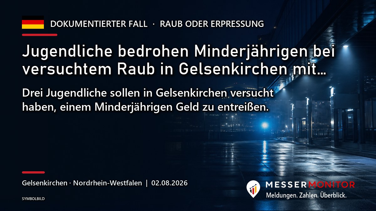 Titelgrafik: Jugendliche bedrohen Minderjährigen bei versuchtem Raub in Gelsenkirchen mit…. Drei Jugendliche sollen in Gelsenkirchen versucht haben, einem Minderjährigen Geld zu entreißen..