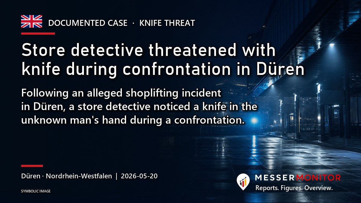 Title image: Store detective threatened with knife during confrontation in Düren. Following an alleged shoplifting incident in Düren, a store detective noticed a knife in the unknown man's hand during a confrontation..