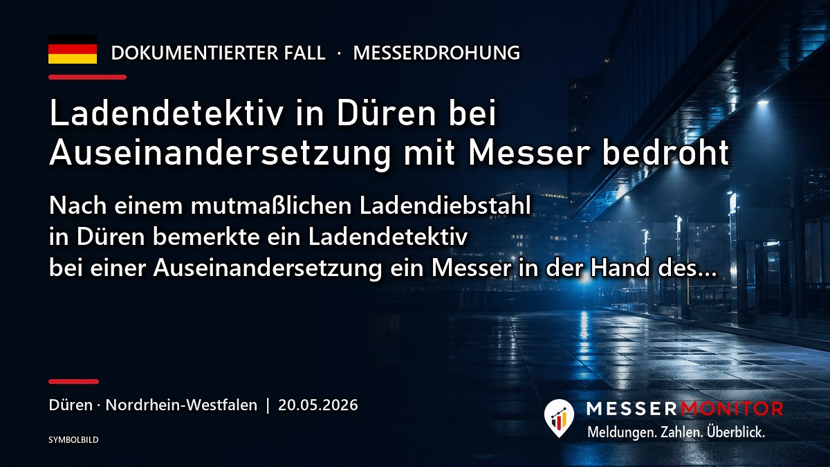 Titelgrafik: Ladendetektiv in Düren bei Auseinandersetzung mit Messer bedroht. Nach einem mutmaßlichen Ladendiebstahl in Düren bemerkte ein Ladendetektiv bei einer Auseinandersetzung ein Messer in der Hand des….