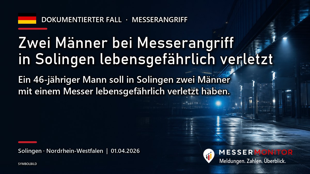 Titelgrafik: Zwei Männer bei Messerangriff in Solingen lebensgefährlich verletzt. Ein 46-jähriger Mann soll in Solingen zwei Männer mit einem Messer lebensgefährlich verletzt haben..