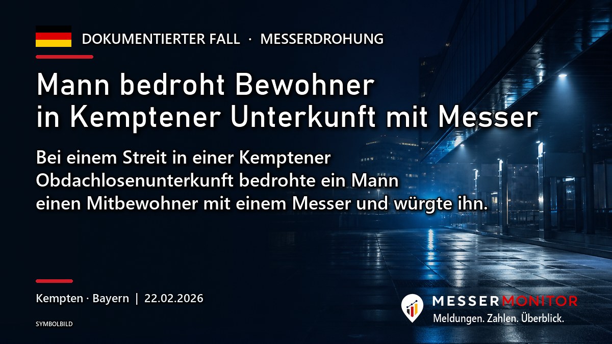 Titelgrafik: Mann bedroht Bewohner in Kemptener Unterkunft mit Messer. Bei einem Streit in einer Kemptener Obdachlosenunterkunft bedrohte ein Mann einen Mitbewohner mit einem Messer und würgte ihn..