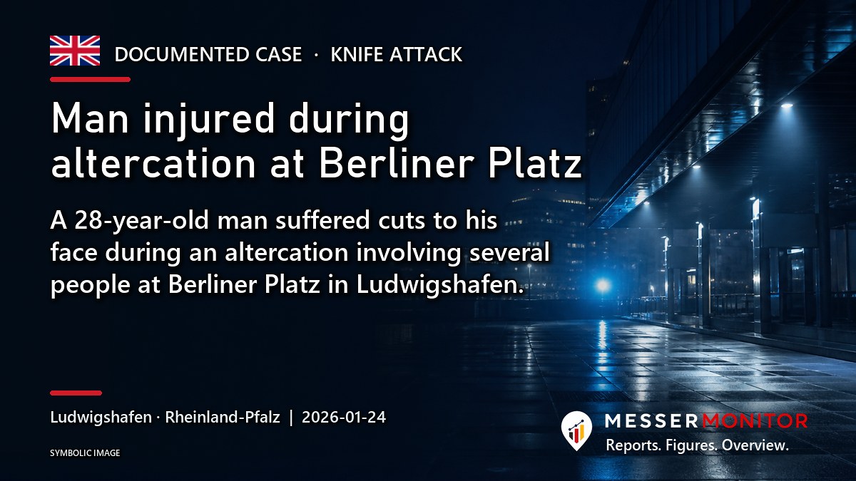 Title image: Man injured during altercation at Berliner Platz. A 28-year-old man suffered cuts to his face during an altercation involving several people at Berliner Platz in Ludwigshafen..