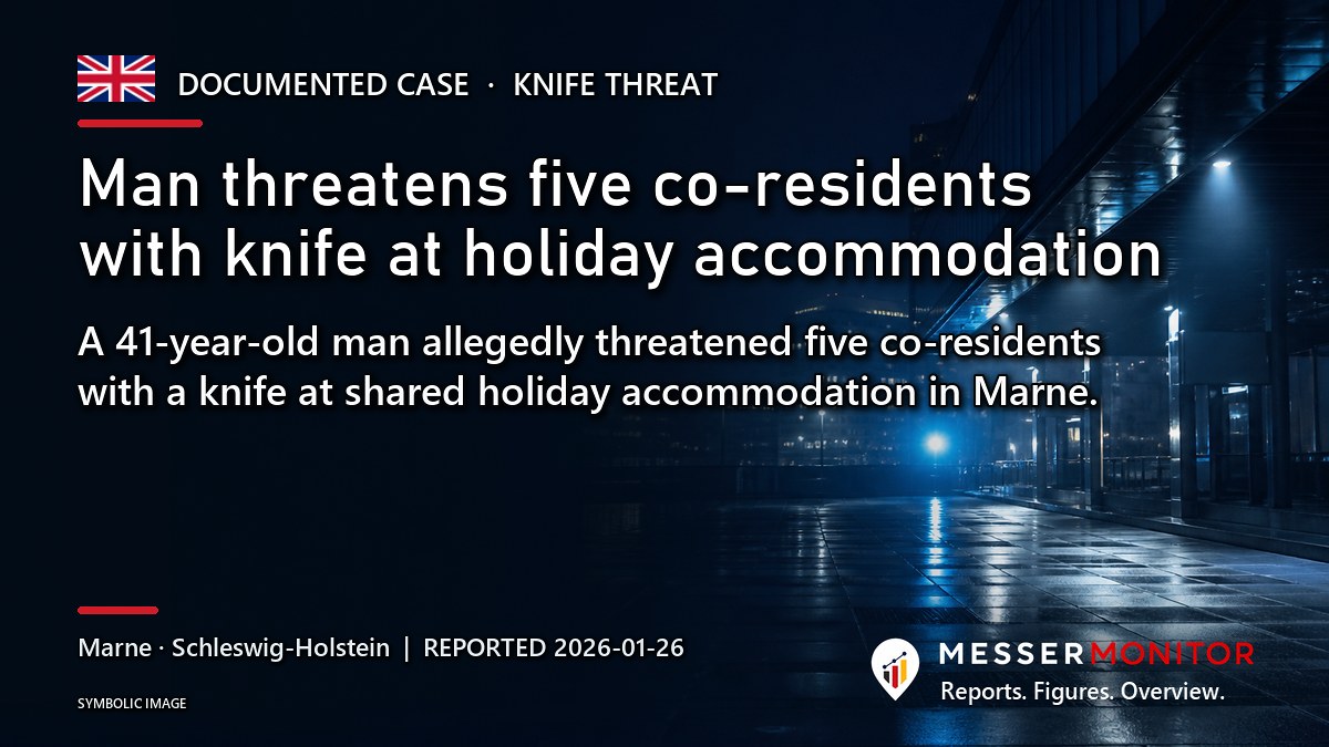 Title image: Man threatens five co-residents with knife at holiday accommodation. A 41-year-old man allegedly threatened five co-residents with a knife at shared holiday accommodation in Marne..