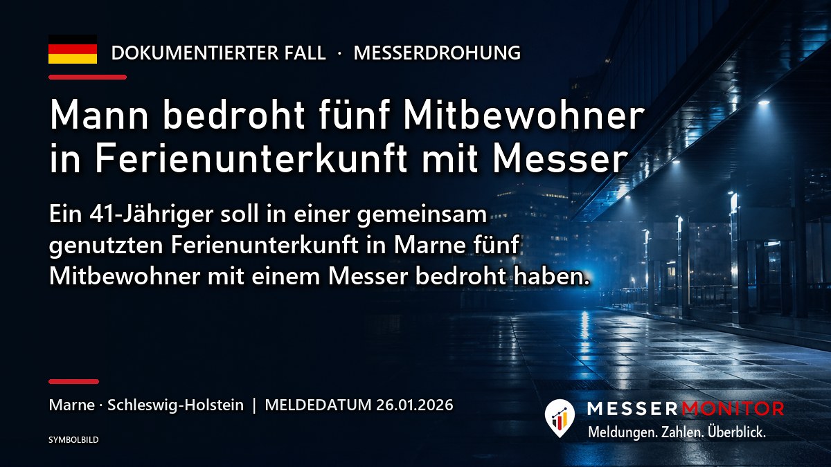 Titelgrafik: Mann bedroht fünf Mitbewohner in Ferienunterkunft mit Messer. Ein 41-Jähriger soll in einer gemeinsam genutzten Ferienunterkunft in Marne fünf Mitbewohner mit einem Messer bedroht haben..