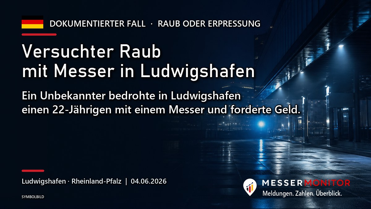 Titelgrafik: Versuchter Raub mit Messer in Ludwigshafen. Ein Unbekannter bedrohte in Ludwigshafen einen 22-Jährigen mit einem Messer und forderte Geld..