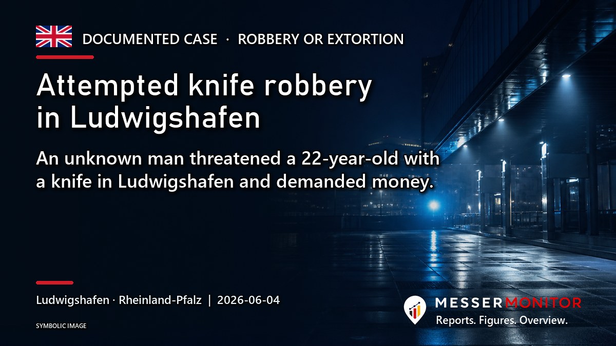 Title image: Attempted knife robbery in Ludwigshafen. An unknown man threatened a 22-year-old with a knife in Ludwigshafen and demanded money..