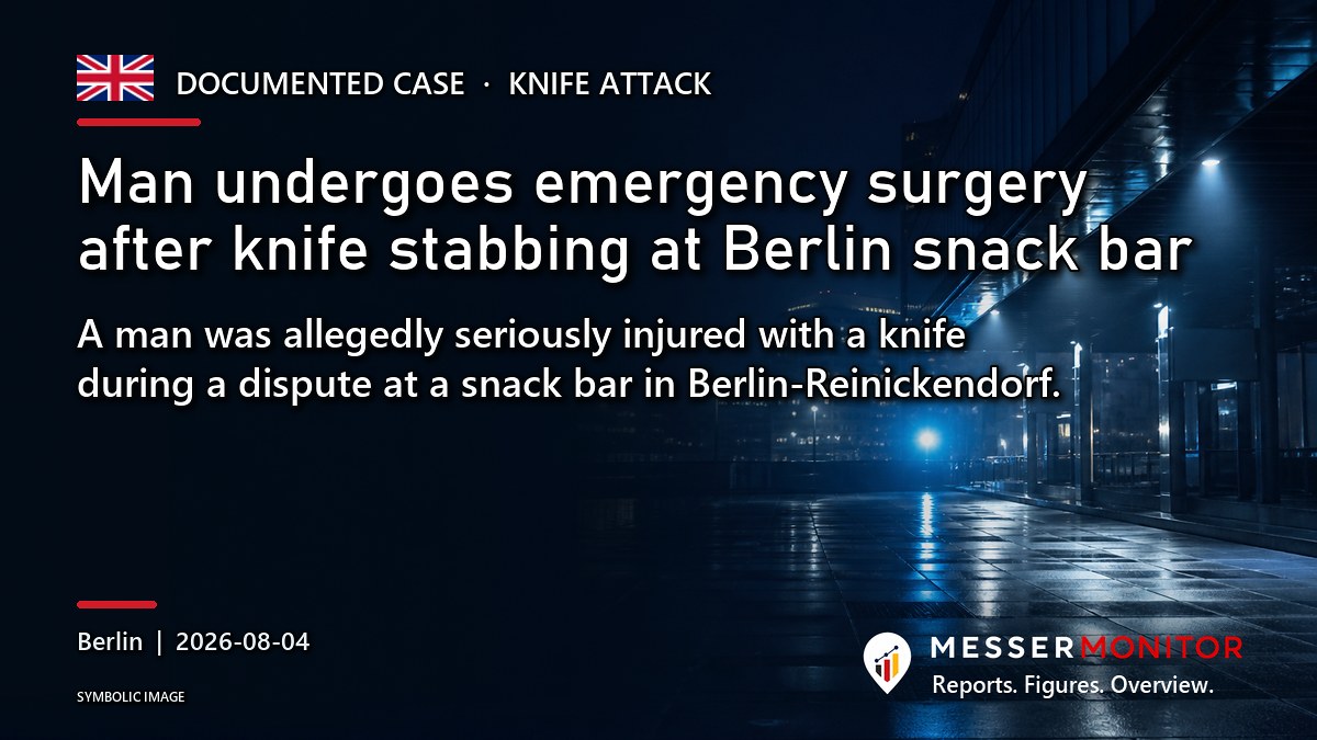Title image: Man undergoes emergency surgery after knife stabbing at Berlin snack bar. A man was allegedly seriously injured with a knife during a dispute at a snack bar in Berlin-Reinickendorf..