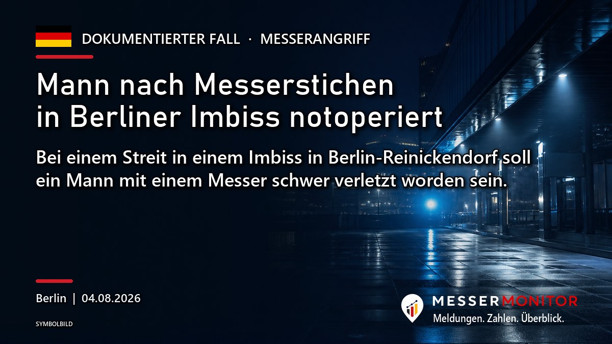 Titelgrafik: Mann nach Messerstichen in Berliner Imbiss notoperiert. Bei einem Streit in einem Imbiss in Berlin-Reinickendorf soll ein Mann mit einem Messer schwer verletzt worden sein..
