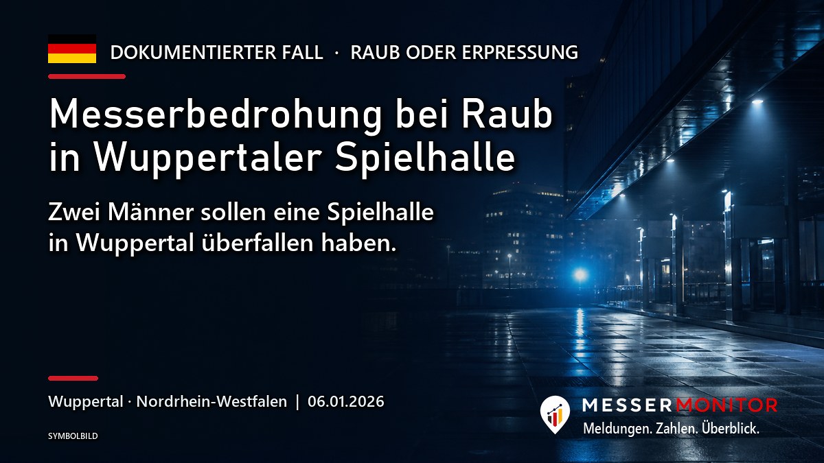 Titelgrafik: Messerbedrohung bei Raub in Wuppertaler Spielhalle. Zwei Männer sollen eine Spielhalle in Wuppertal überfallen haben..