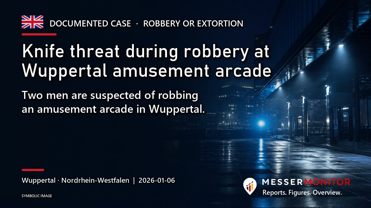 Title image: Knife threat during robbery at Wuppertal amusement arcade. Two men are suspected of robbing an amusement arcade in Wuppertal..