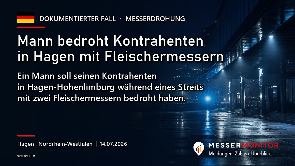 Titelgrafik: Mann bedroht Kontrahenten in Hagen mit Fleischermessern. Ein Mann soll seinen Kontrahenten in Hagen-Hohenlimburg während eines Streits mit zwei Fleischermessern bedroht haben..