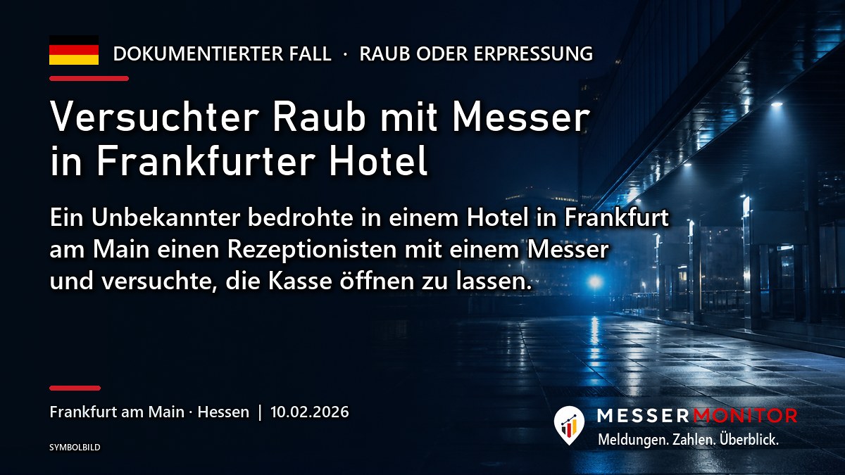 Titelgrafik: Versuchter Raub mit Messer in Frankfurter Hotel. Ein Unbekannter bedrohte in einem Hotel in Frankfurt am Main einen Rezeptionisten mit einem Messer und versuchte, die Kasse öffnen zu lassen..