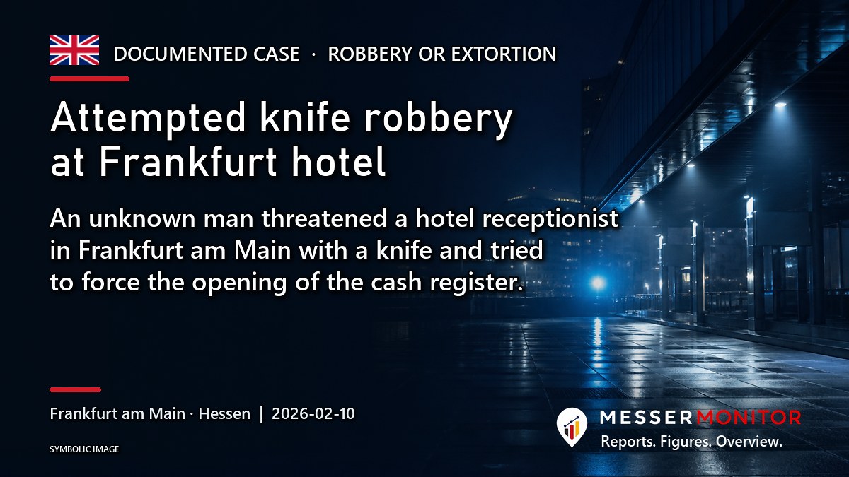 Title image: Attempted knife robbery at Frankfurt hotel. An unknown man threatened a hotel receptionist in Frankfurt am Main with a knife and tried to force the opening of the cash register..