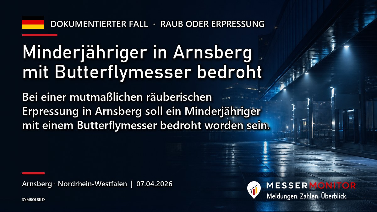 Titelgrafik: Minderjähriger in Arnsberg mit Butterflymesser bedroht. Bei einer mutmaßlichen räuberischen Erpressung in Arnsberg soll ein Minderjähriger mit einem Butterflymesser bedroht worden sein..