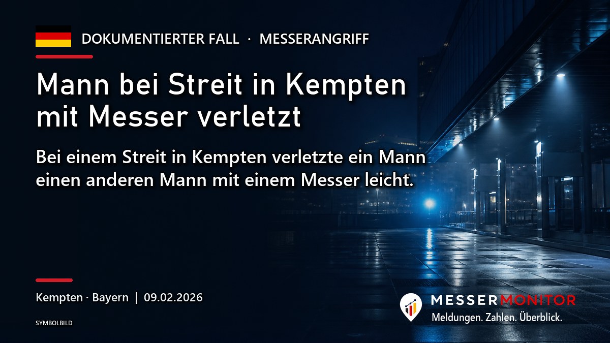 Titelgrafik: Mann bei Streit in Kempten mit Messer verletzt. Bei einem Streit in Kempten verletzte ein Mann einen anderen Mann mit einem Messer leicht..