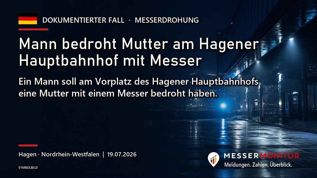 Titelgrafik: Mann bedroht Mutter am Hagener Hauptbahnhof mit Messer. Ein Mann soll am Vorplatz des Hagener Hauptbahnhofs eine Mutter mit einem Messer bedroht haben..