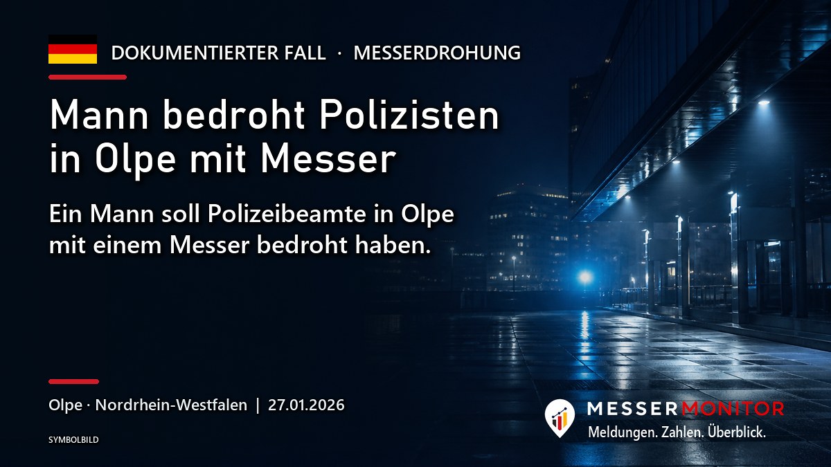 Titelgrafik: Mann bedroht Polizisten in Olpe mit Messer. Ein Mann soll Polizeibeamte in Olpe mit einem Messer bedroht haben..
